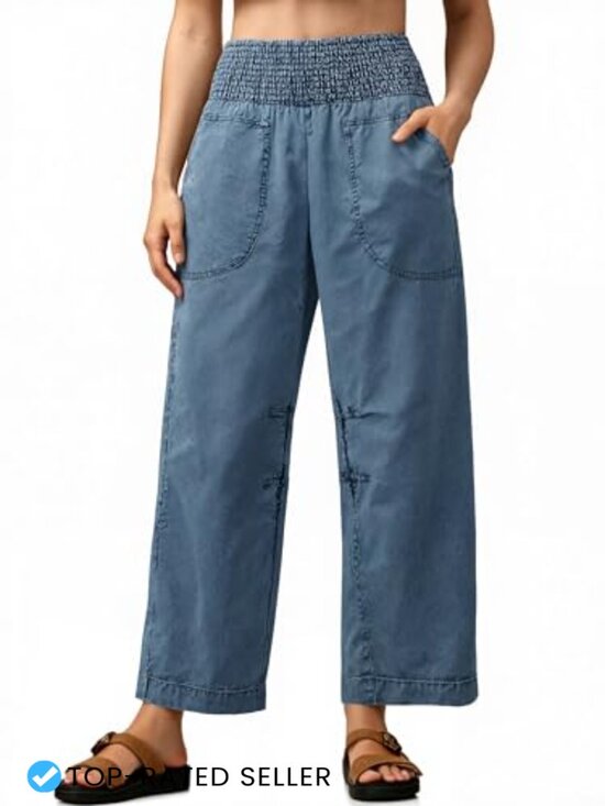 Denim - High Waisted Smocked Barrel Jeans Wide Leg Pull On Denim Pants Casual Lounge